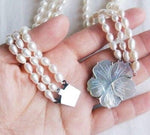 Handmade 3 Strand BAROQUE Pearl Necklace with Mother Of Pear Flower Pedant