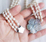 Handmade 3 Strand BAROQUE Pearl Necklace with Mother Of Pear Flower Pedant