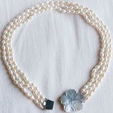 Handmade 3 Strand BAROQUE Pearl Necklace with Mother Of Pear Flower Pedant