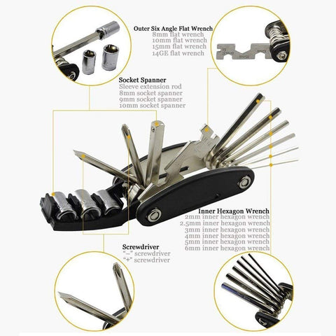 Bike Repair Tool Kits - 16 in 1 Multifunction Bicycle Mechanic Fix Tools Set Bag